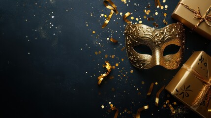 Happy Purim carnival concept. golden mask, gift box and confetti on black background, flatlay