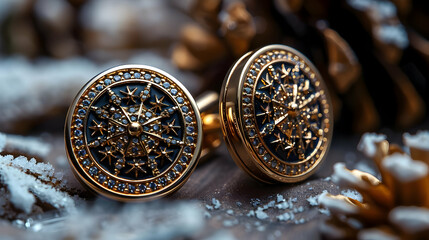 Gold Cufflinks with Snowflake Design, Illustration