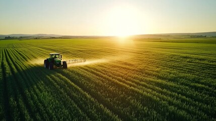 Aerial view of a tractor spraying in verdant wheat fields under a bright light, demonstrating contemporary farming techniques