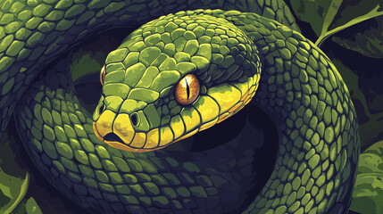 Detailed illustration of a coiled green snake with piercing eyes.