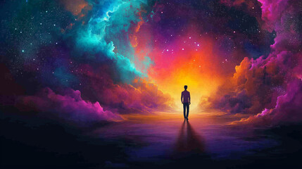 Fototapeta premium A lone figure walks into a vibrant, cosmic landscape.