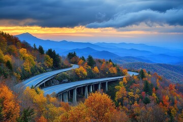 Obraz premium Piedmont NC. Blue Ridge Mountains Landscape featuring Linn Cove Viaduct and Grandfather Mountain