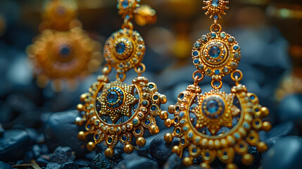 Intricate Golden Earrings with Blue Gemstones - Realistic Photo