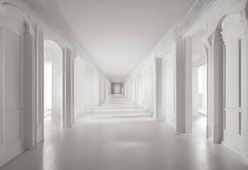 Fototapeta premium Luxury white empty hall with white walls, ceiling.