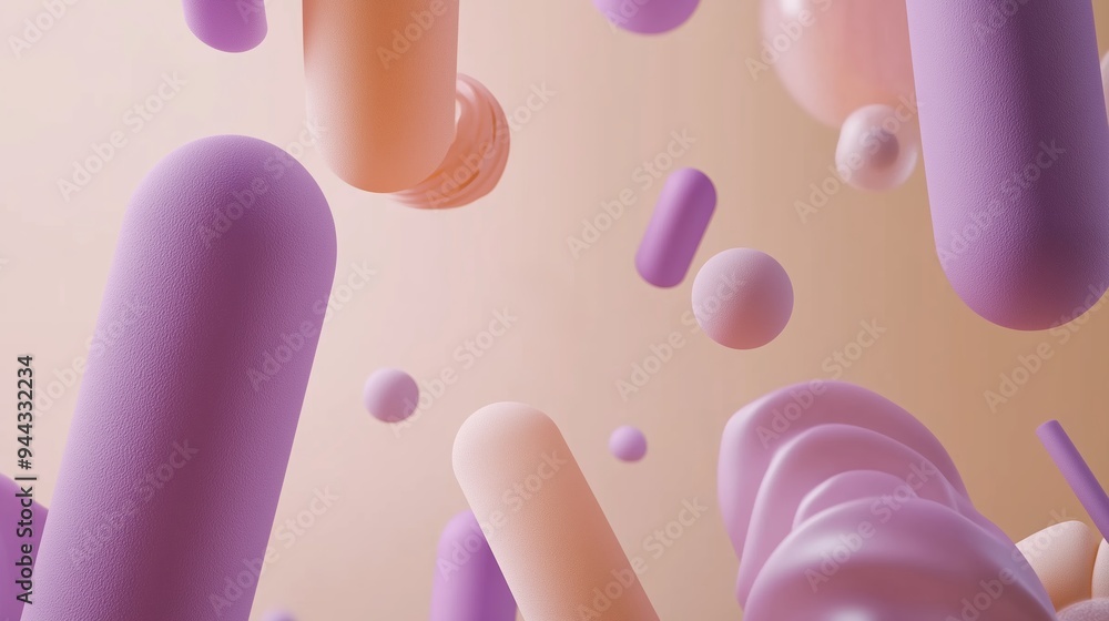 Poster colorful 3d capsules and spheres floating against a soft pastel background, creating a mesmerizing a
