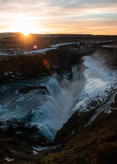 Beautiful scenic sunset view of Gullfoss waterfall on the Hvíta river in Iceland. 
