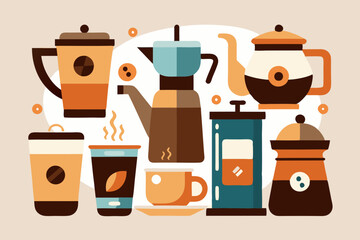 This set of clean, simple illustrations showcases various coffee cups and brewing methods. Ideal for modern coffee culture, it highlights different styles and designs in a minimalist approac
