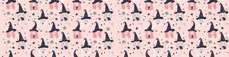 Pattern with cute witches and a soft pink background. Halloween concept.