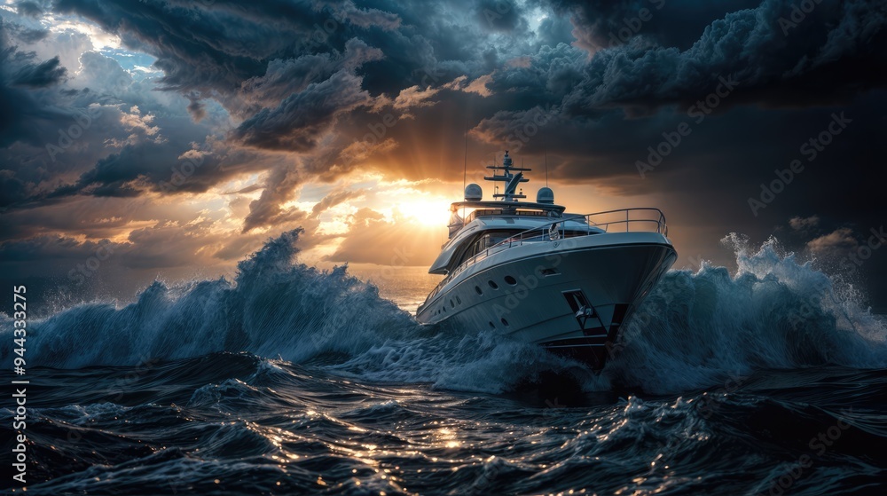 Wall mural Yacht in the ocean in a strong storm. Stormy sky with sunlight. 