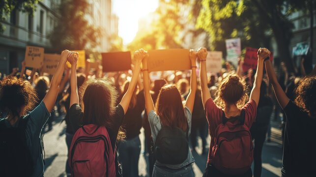 Youth activists hold hands while marching during a peaceful protest in a city street at sunset
