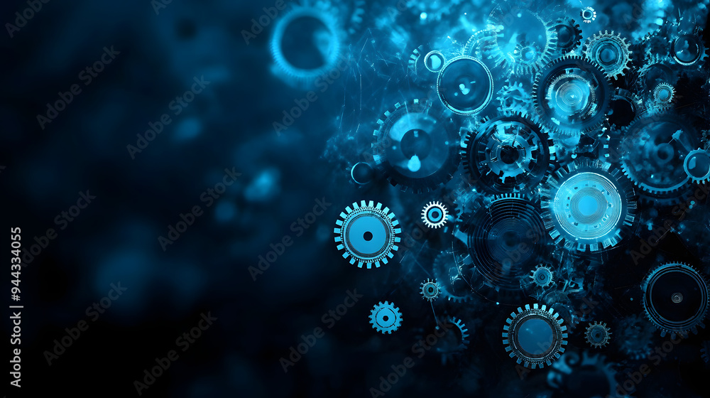 Poster abstract blue digital technology background with gears and cogs, dark color palette generative ai