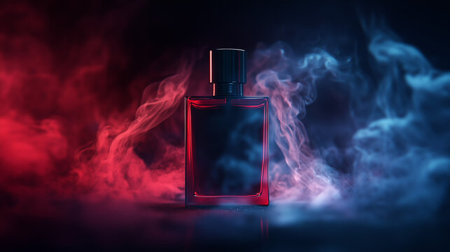 commercial photography, a spirals of smoke dance in the air around a black matte perfume bottle placed on a black matter, slightly tilted perspective, dark red and blue, dark BG, shot with hasselblad 