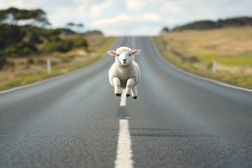 A lively lamb leaps into the air on a deserted road surrounded by lush landscapes and distant hills, showcasing a carefree moment