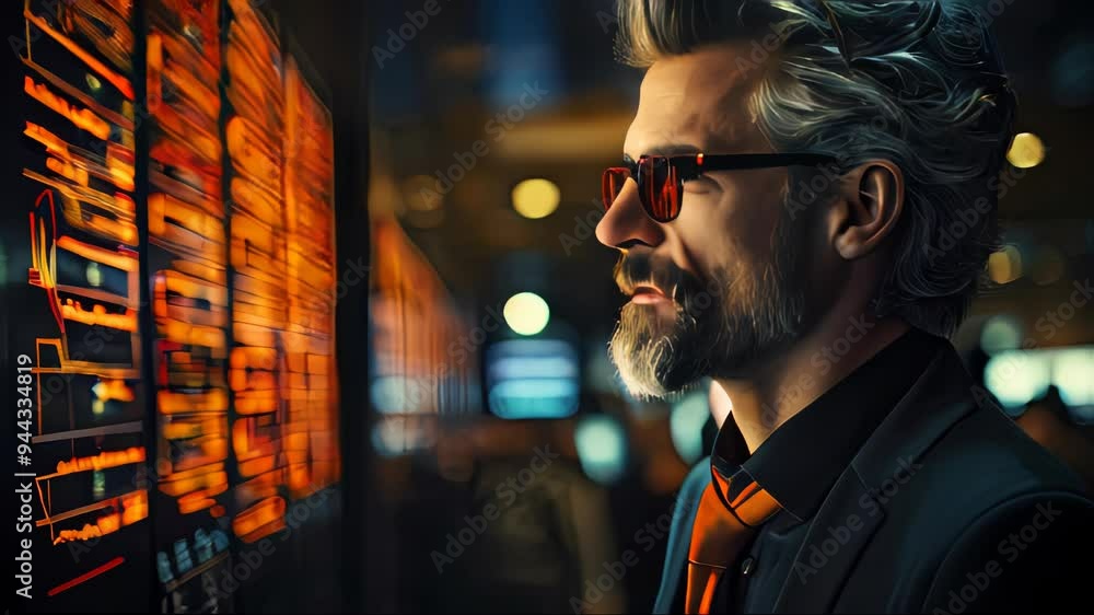 Poster businessman touchscreen on the graph of a media screen, technology process system business with comm