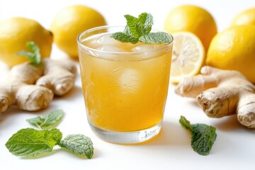 Refreshing ginger lemonade with mint, surrounded by fresh lemons and ginger roots.