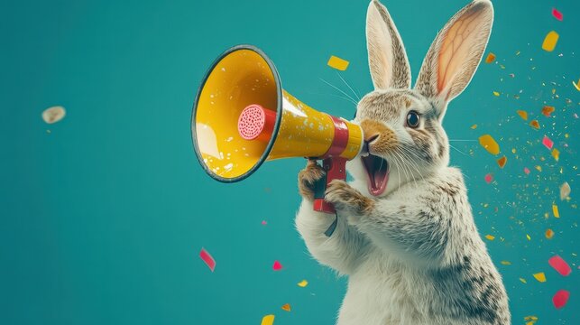 Art collage. A crazy easter bunny with a megaphone. Promotion, action, holiday, ad, job questions. Vacancy. Business discount concept, communication, information, news, team media relations.