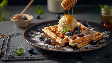 Blueberry waffle in plate with honey on table