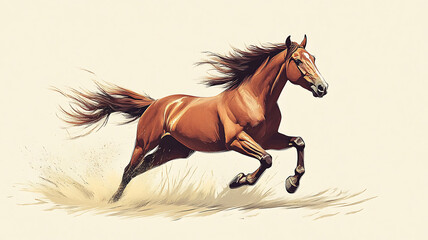 Fototapeta premium A realistic painting of a galloping horse, showcasing detailed muscle structure and flowing mane, set against a simple, muted background that emphasizes movement.