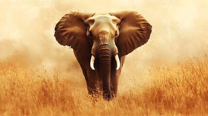 Obraz premium A realistic painting of an elephant in the savannah, capturing the intricate textures of its skin and the warm tones of the landscape, set against a soft, blurred background.