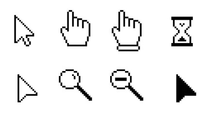 Cursor icon set, cursor pointers, cursor mouse icon set, zooming icon set, arrow, hourglass, computer mouse, 8-bit, pixel cursor icon set, pixel art.