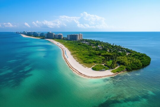 Key Biscayne Aerial. Aerial View of Key Biscayne Miami Beach, Capturing the Beauty of the Island and Clear Blue Waters