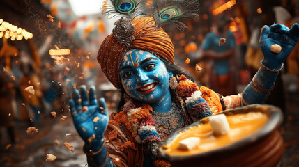 Person dressed as Lord Krishna with blue body paint, wearing traditional Indian attire and headgear, holding a pot with festive decorations in the background.