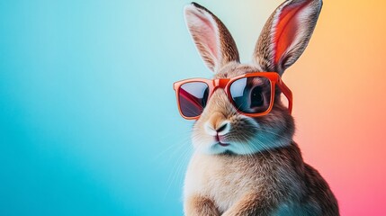 Trendy Rabbit in Sunglasses Posing on Gradient Background with Copy Space