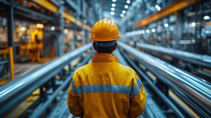 A rear view of an industrial worker at a manufacturing plant wearing a yellow safety uniform and helmet while overseeing the production line