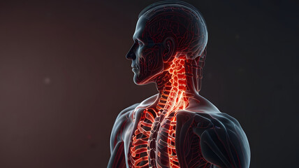 3D illustration of a human with neck pain, the painful areas are highlihted in a red colour