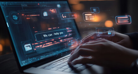 Technical support customer service concept, software engineer using laptop computer with customer support and global network, internet technology, it support, digital system service