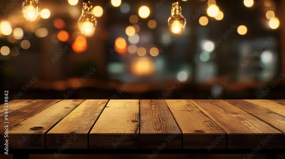 Poster empty rustic wood table and blurred soft light table in restaurant with bokeh background. product di
