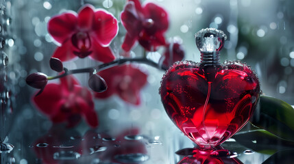 A high-definition photograph of a heart-shaped perfume bottle with deep red liquid, accented by delicate black flowers