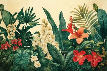 A vibrant illustration of tropical flowers and lush green foliage, showcasing a variety of colorful blooms and dense leaves against a soft background, creating a lush and exotic ambiance.