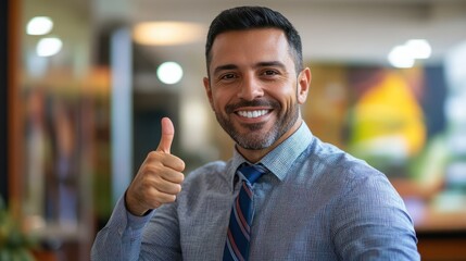 Naklejka premium Latino adult man gives a thumbs up, sales concept, sales consultant, automotive, real estate, working, tie, dress shirt