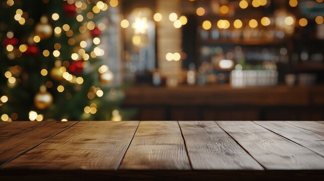 mesa de madera a modo de mostrador de productos, arbol de navidad y decoraciones navide&Atilde;&plusmn;as con fondo de bar o restaurante desenfocado con bokeh dorado. Concepto fondos navide&Atilde;&plusmn;os