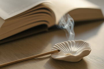 Close-Up of Incense Stick with Smoke on Clay Seashell Sculpture