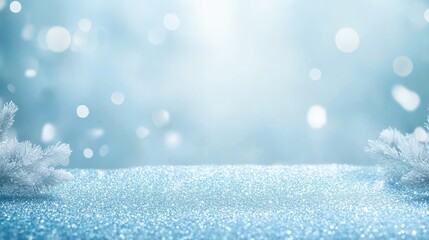 Place for advertising products, blue background and glitter desk. Holliday mockup design template with space for text, new year style