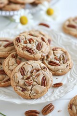 Freshly baked cookies with pecans arranged on a decorative plate amidst floral accents