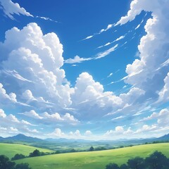 Anime style attractive bright charming sky background with some white clouds and natural view, Summer and Spring blue sky with fluffy white clouds in the wind