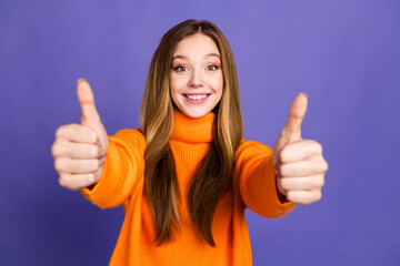 Portrait photo of youth charming blonde hair cute happy smile girl advertising this courses thumbs...