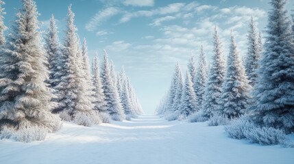 Obraz premium Winter scene with snowy trees creating a holiday themed copy space image perfect for Christmas and New Year greetings