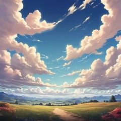 Anime style attractive bright charming sky background with some white clouds and natural view, Summer and Spring blue sky with fluffy white clouds in the wind