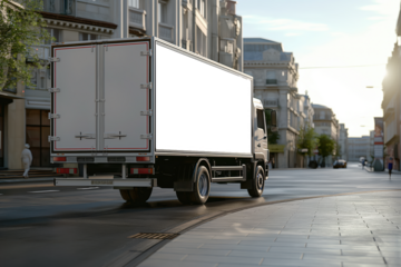 A white truck is driving down a city street Mockups, Transparent PNG