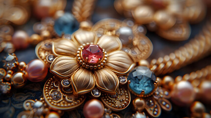 Golden Flower with Red Gemstone and Blue Gemstone Illustration