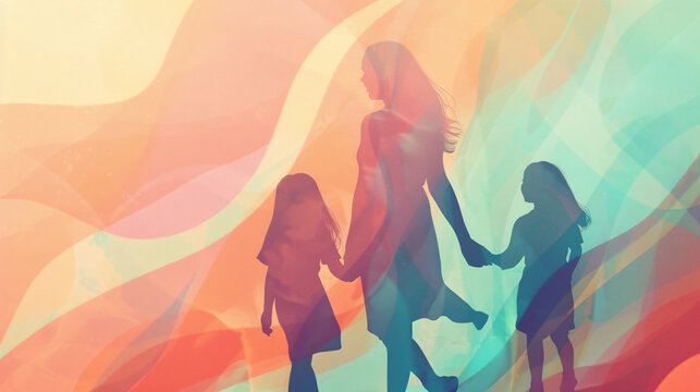 silhouette of a shadow for a walking woman holding her daughters hands, panorama of a caring mom, mother with children digital painting, concept of motherhood flat design mother's day panoramic design