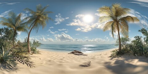 Obraz premium Beach HDRI. Panoramic HDR Environment Map of Oasis Desert Landscape with Sandy Beach and Ocean View