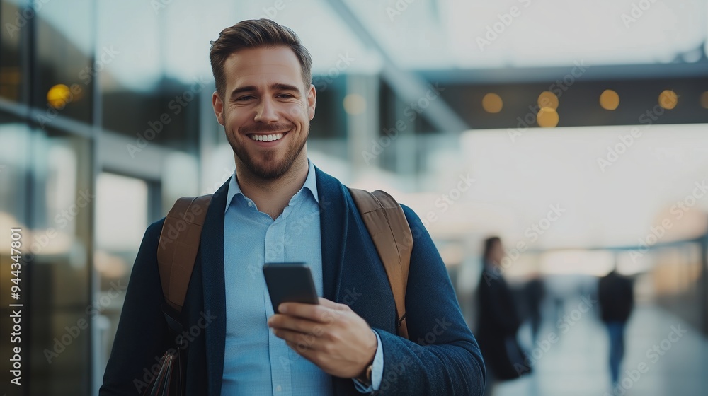 Poster young man using smartphone and smiling in a modern urban setting during the day while wearing a styl
