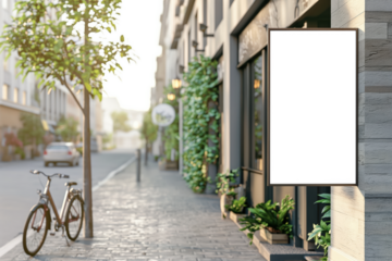 A white sign is on a brick wall next to a sidewalk Mockups, Transparent PNG