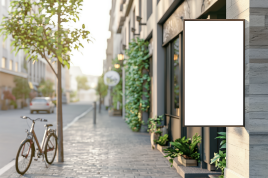 A white sign is on a brick wall next to a sidewalk Mockups, Transparent PNG