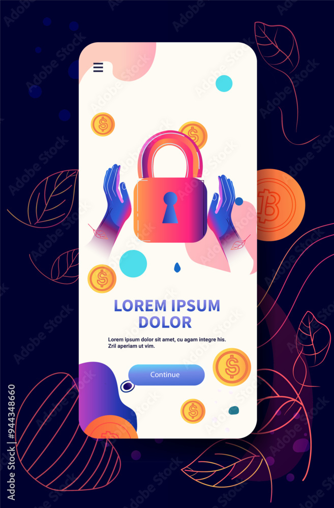 Poster secure payment concept featuring hands holding a padlock with floating coins and abstract elements o